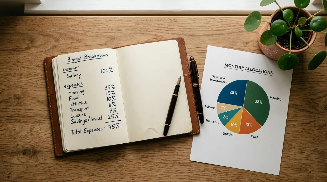 Georganiseerde werkplek met budgetplanning, notitieblok en grafiek voor bankroll management