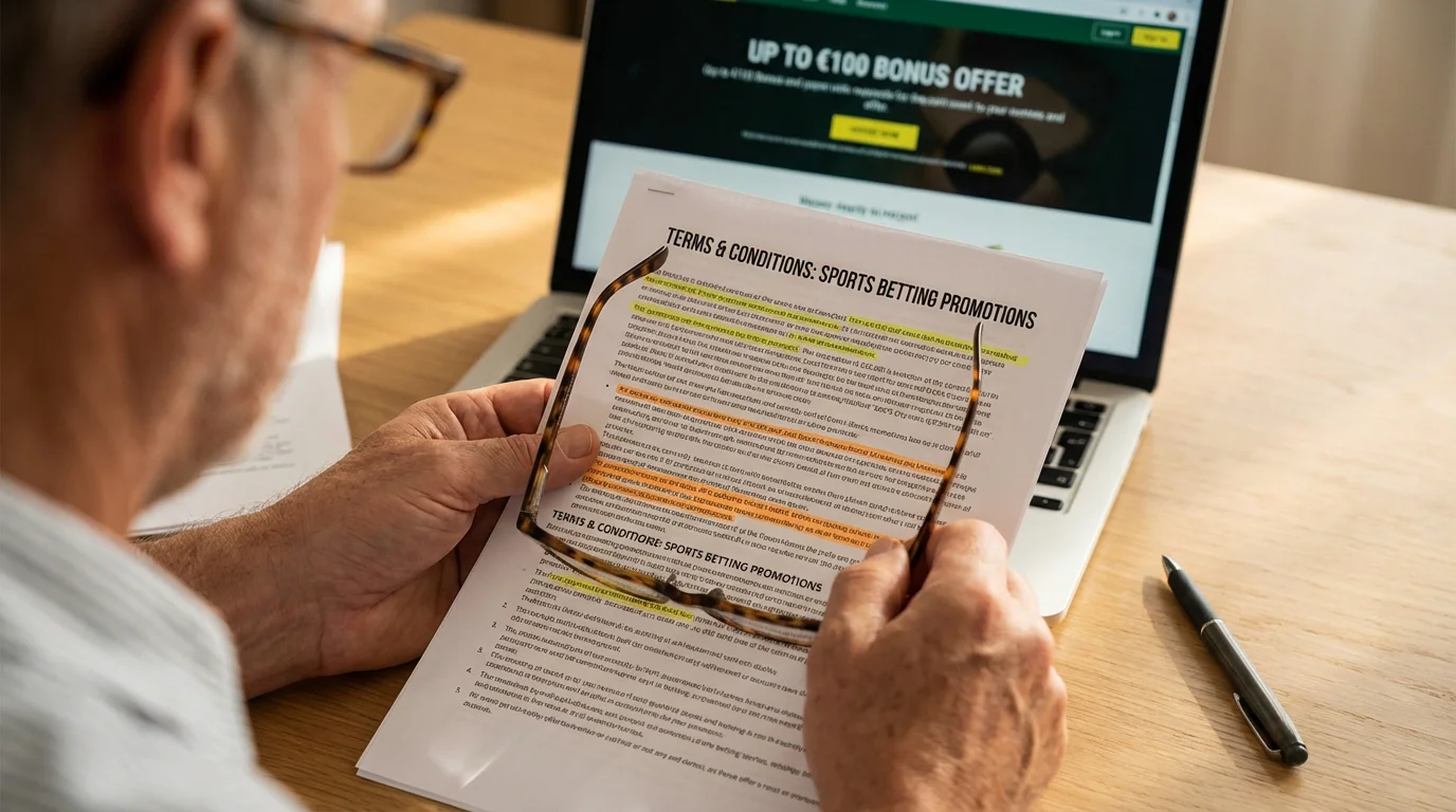 Handen houden document met algemene voorwaarden vast met gemarkeerde secties voor bonusvoorwaarden