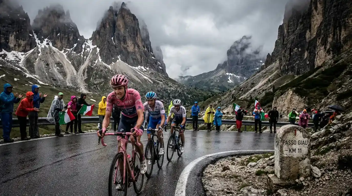 Giro d'Italia wielrenners beklimmen een steile bergpas in de Dolomieten