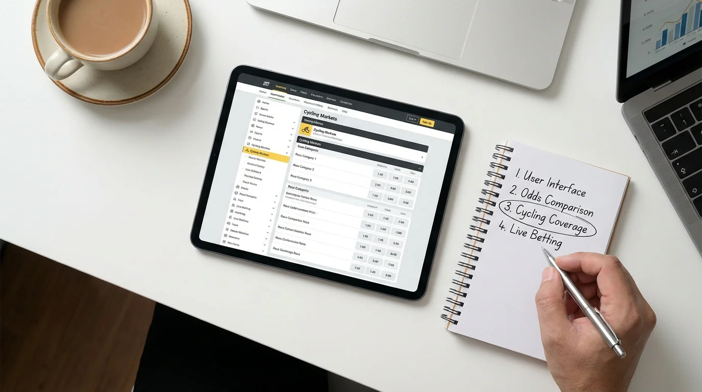 Tablet met sportweddenschap interface en checklist voor het evalueren van bookmakers