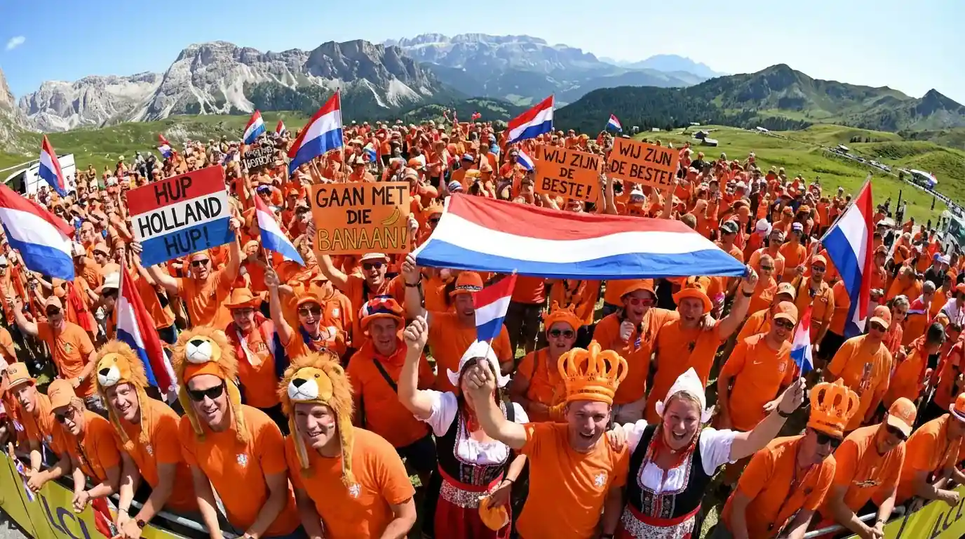 Nederlandse wielerfans in oranje shirts juichen op een bergpas tijdens een grote ronde