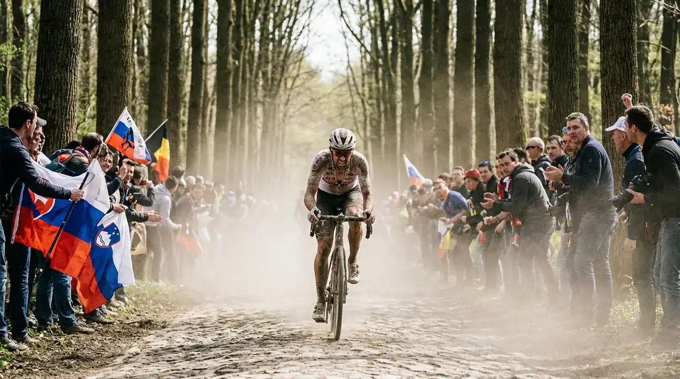Eenzame wielrenner vecht zich door de kasseien van het Arenberg bos tijdens Parijs-Roubaix
