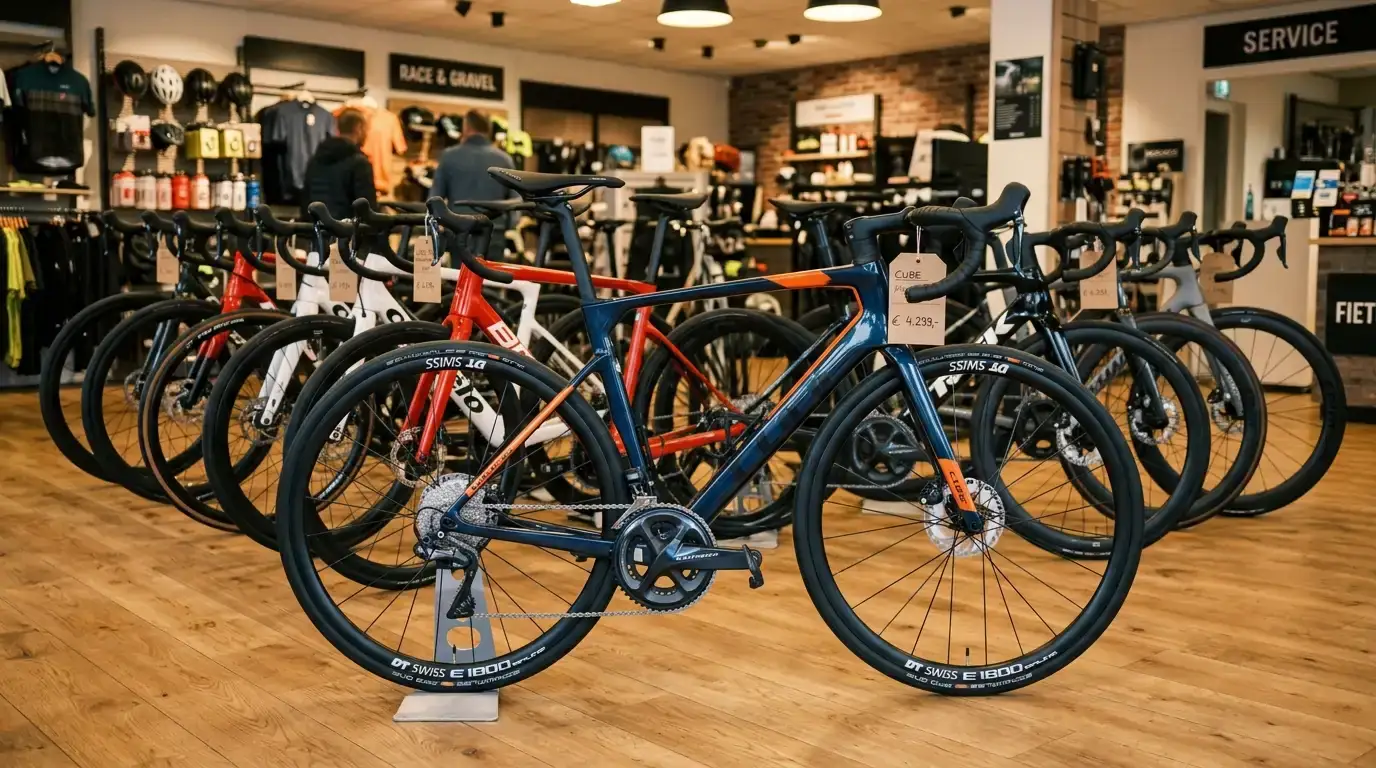 Verschillende racefietsen in een Nederlandse fietsspeciaalzaak met prijskaartjes