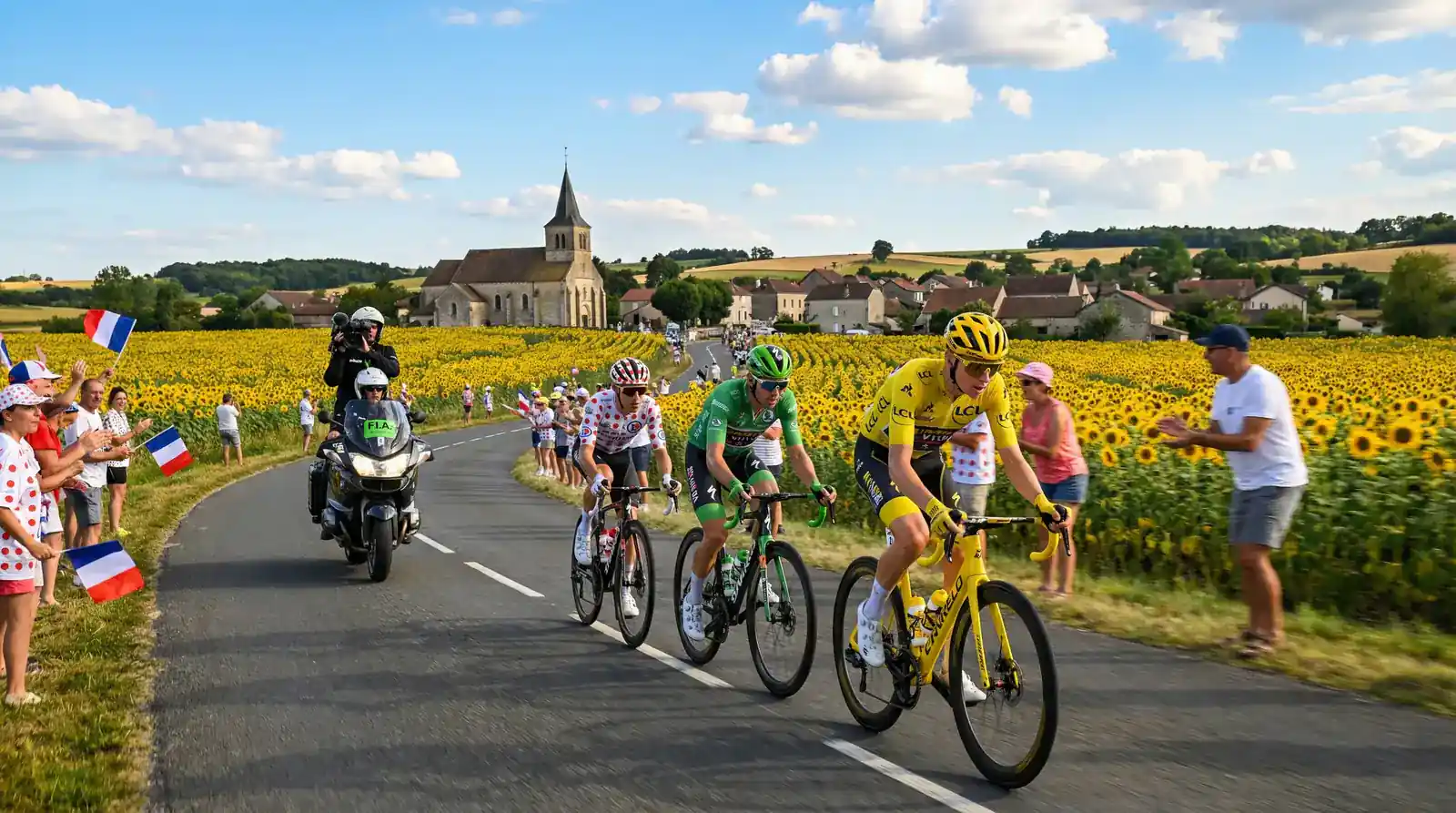 Tour de France wielrenners rijden door zonnebloemen velden in het Franse platteland