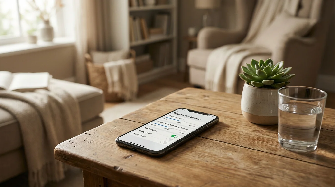 Smartphone met instellingen voor verantwoord gokken en limieten op rustige houten tafel