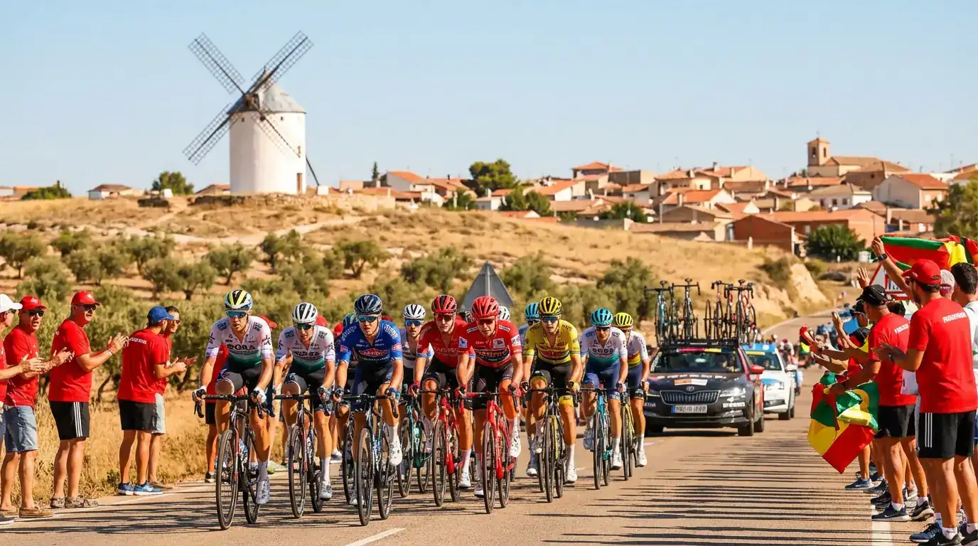 Vuelta a España wielrenners racen door het Spaanse landschap met olijfgaarden