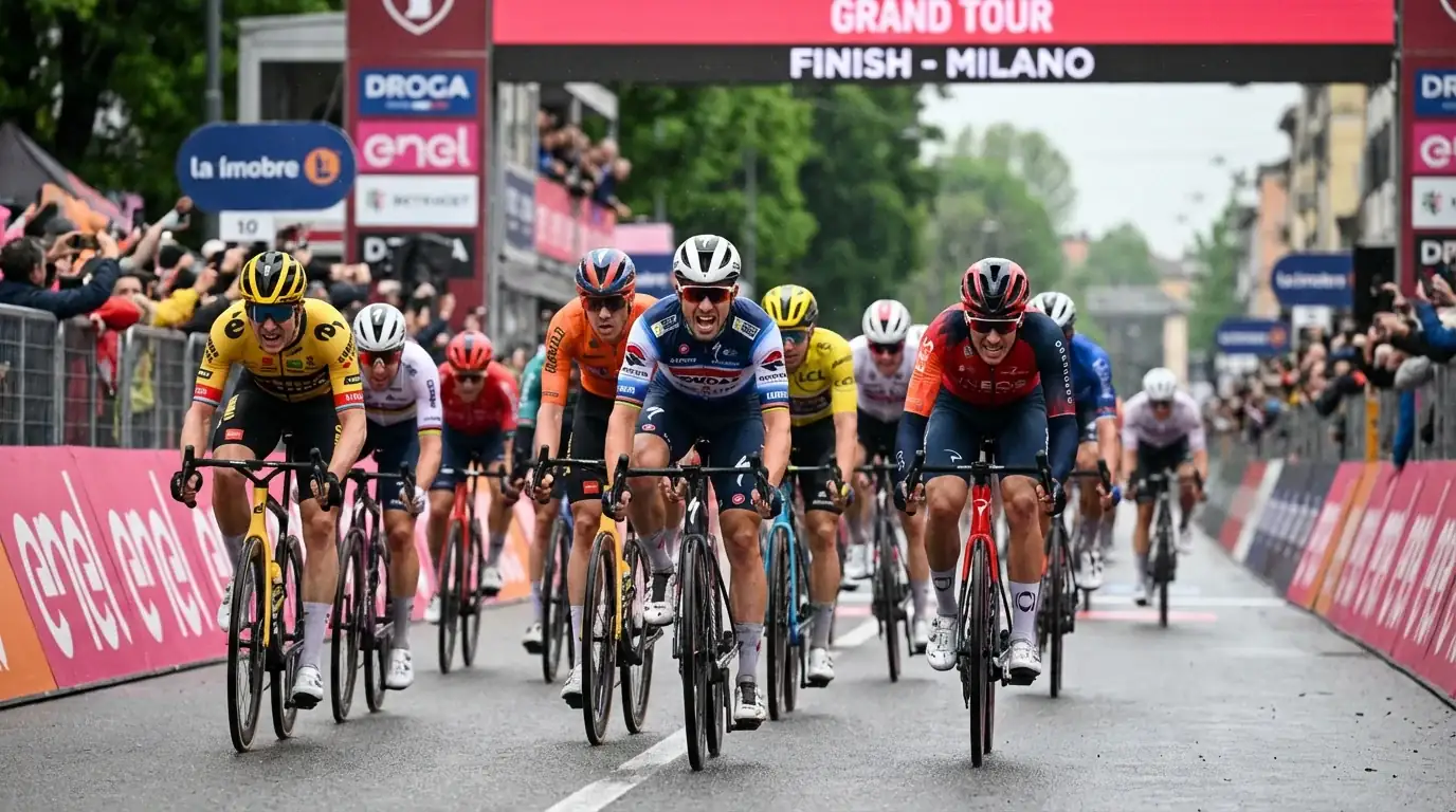 Explosieve sprintfinish met wielrenners in volle inspanning bij de streep