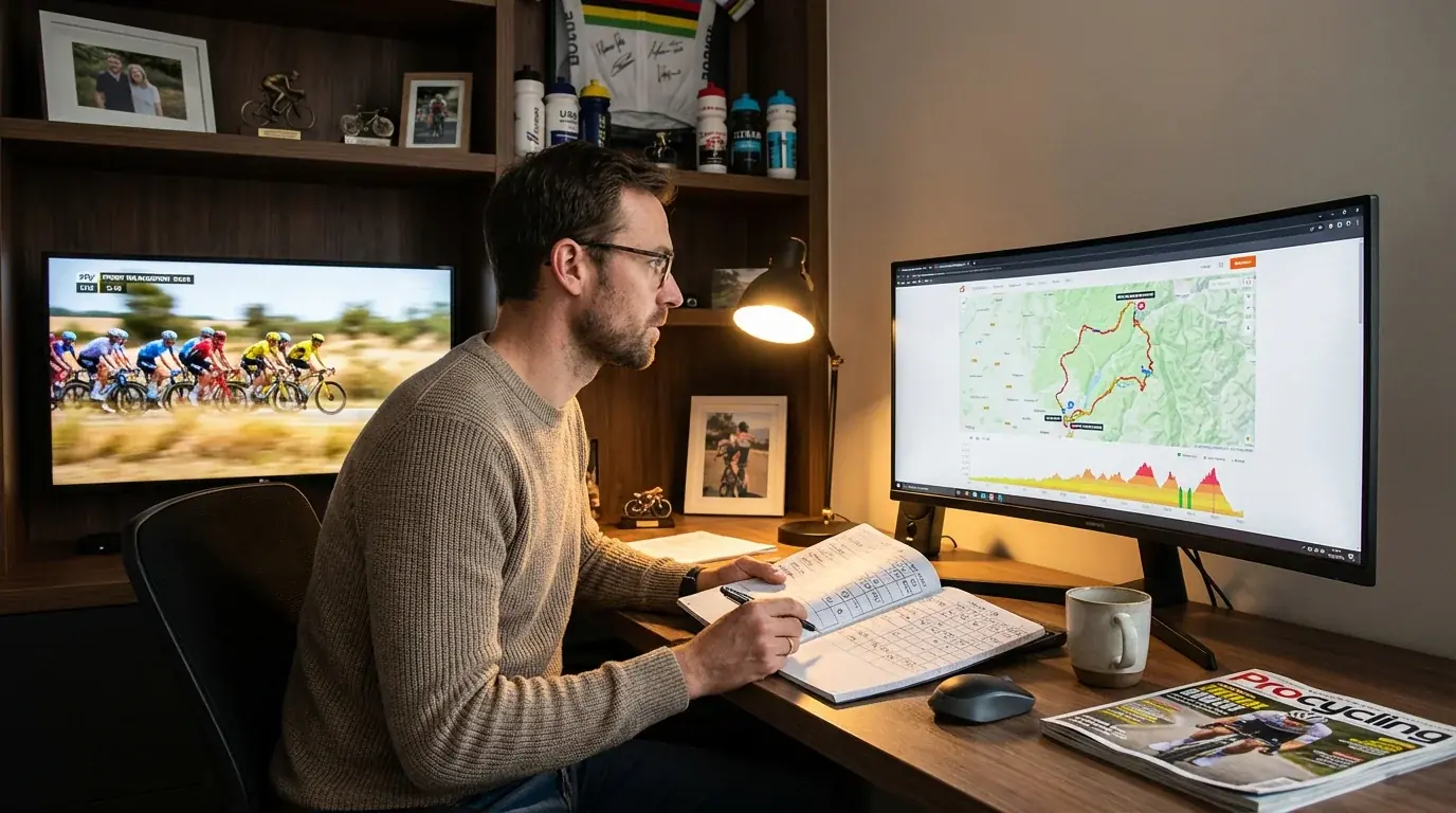 Wielerfan analyseert koersdata en statistieken op computerscherm voor het plaatsen van weddenschappen