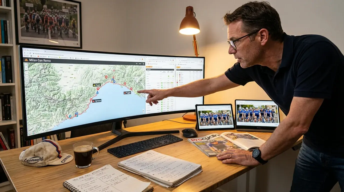 Wielerfan analyseert koersroute en rennerstatistieken op computer voor tactische voorbereiding