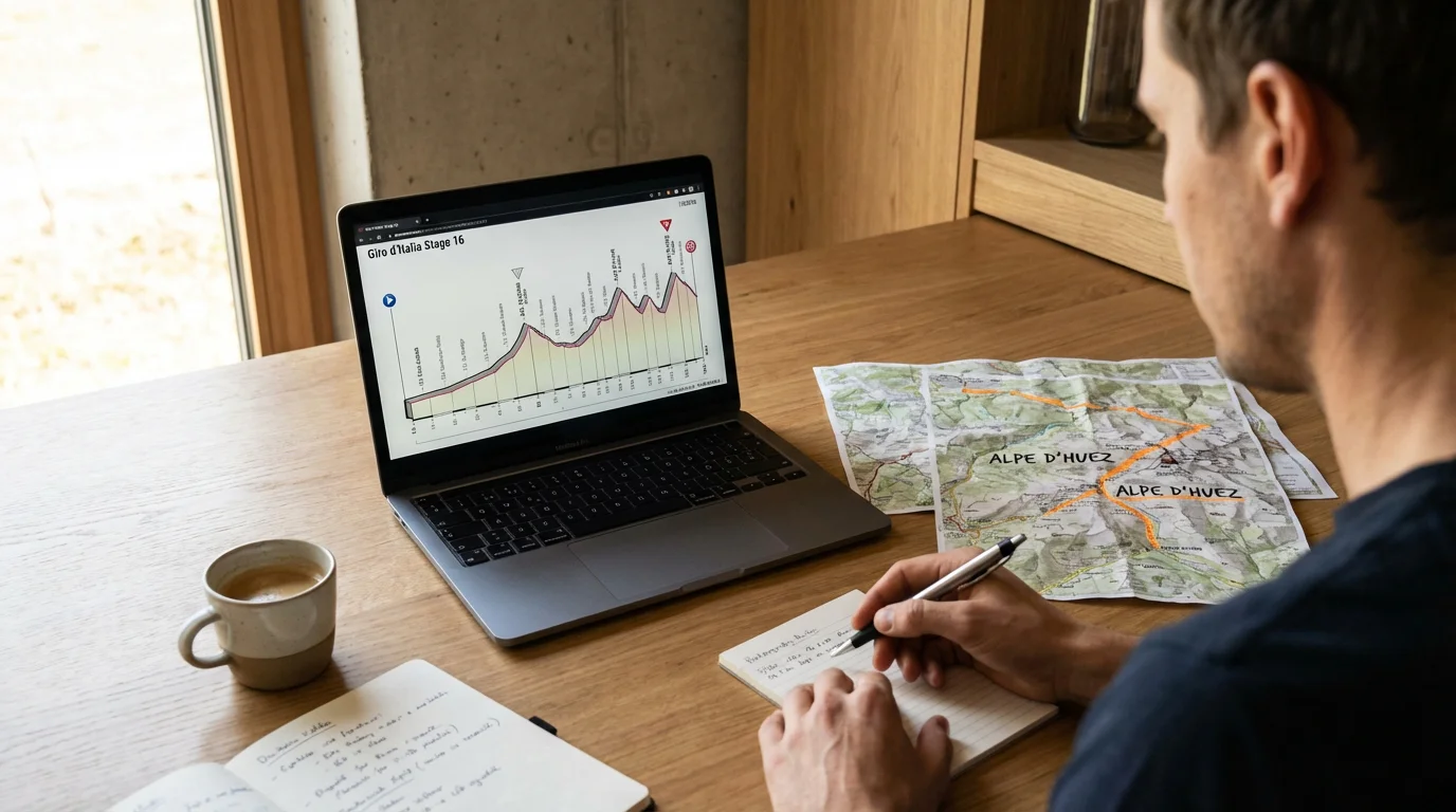 Persoon die wielrendata analyseert met laptop, kaarten en notities op bureau