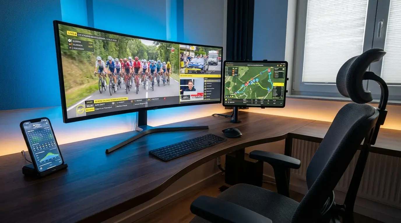 Moderne werkplek met meerdere schermen voor het volgen van wielerwedstrijden en analyses