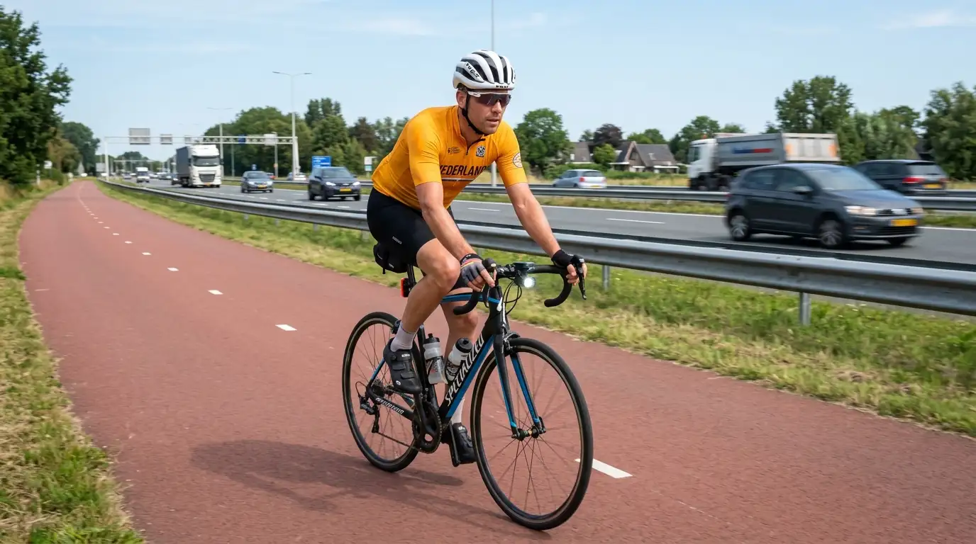 Wielrenner met helm rijdt defensief op een Nederlandse fietspad langs een drukke weg