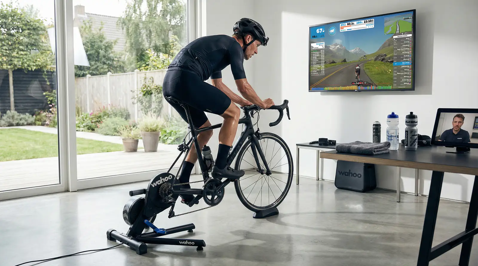 Professionele wielrenner traint op slimme hometrainer met scherm en metrics